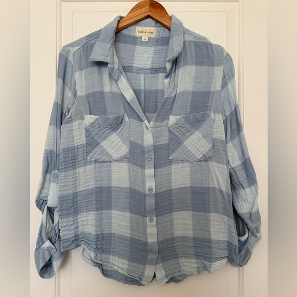 Cloth & Stone Blue Plaid Gauze Button Down Shirt Lightweight Roll Tab Sleeves - Picture 1 of 7